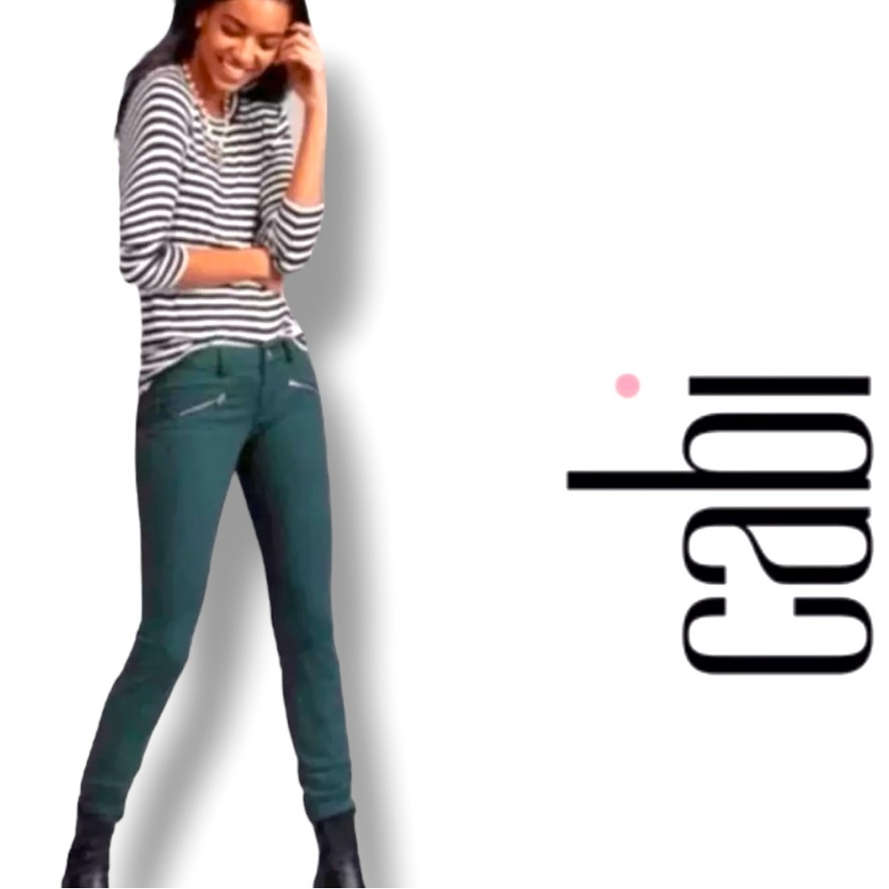 CAbi Size 6 Hunter Green Zip Pocket Skinny Moto Stretch Denim Jeans Style #3388